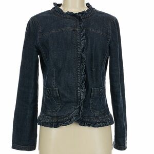 **SOLD**Caslon Dark Wash Ruffle-Trim Denim Jacket – Feminine & Fitted